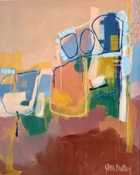 an abstract painting with blue, yellow, and orange colors